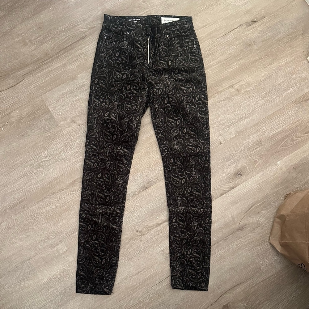 Anthro Ag Stevie Black Tan Velvet Paisley Jeans